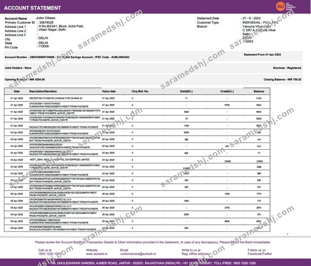 India AU Small Finance Bank account statement Word and PDF template